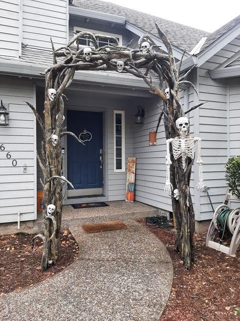 Halloween Gazebo Decorations, Pool Noodle Halloween Arch, Skeleton Archway, How To Hang Skeletons On House, Jack O Lantern Archway Diy, Skeleton Beach Theme, Skeleton On Roof Halloween, Skeleton Decorations Outdoor, Skeleton Pirate Yard Decor