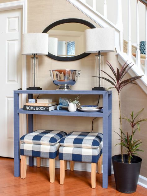 Serena and Lily inspired blue console table with textural wallpaper - an easy DIY project that costs a fraction of the original   #diyhomedecor #knockoffdecor #serenaandlily Serena And Lily Inspired, Blue Console Table, Table Build, Home Design Diy, Serena And Lily, Engineered Hardwood Flooring, Serena & Lily, Floor Finishes, Engineered Hardwood