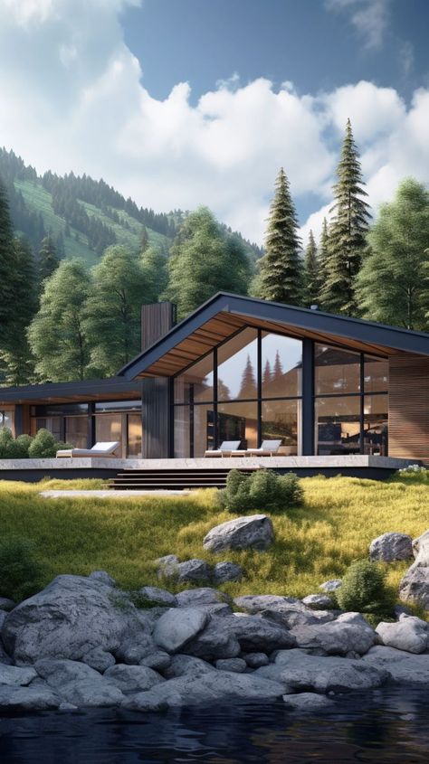 Stylish one-story residence designed for effortless living, boasting a harmonious blend of form and function. Mountain Home Exterior, Luxury Door, Outside Design, House Outside, House Outside Design, Decor Quotes, Modern Cabin, Decor Wallpaper, Bloxburg House Ideas