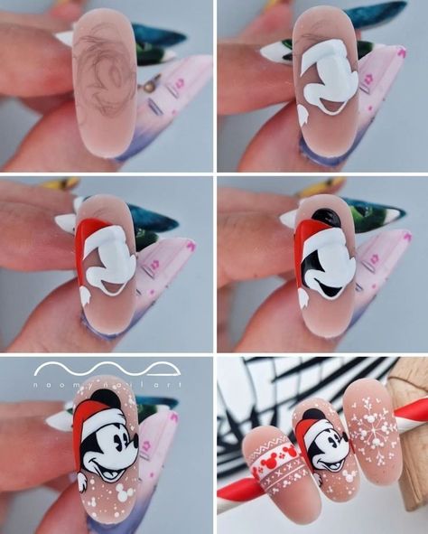 Christmas Nail Art Step By Step, Disney Christmas Nail Art, Mickey Mouse Nail Design, Beginner Nail Designs, Penguin Nails, Disneyland Nails, Disney Christmas Nails, Nail Noel, Mickey Mouse Nails