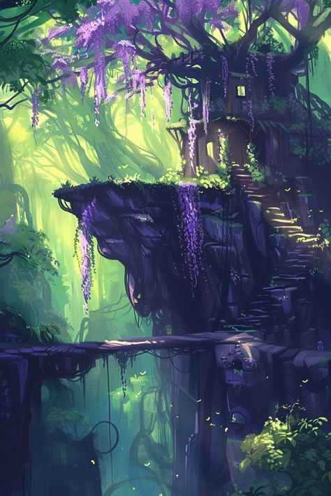 。:･ﾟ✧*secret treehouse*:･ﾟ✧.。 Magical forest Zicxa.com Enchanted Forest Art Illustrations, Hidden Forest House, Fantasy Forest House Concept Art, Forest Cottage Art, Mythical Forest Aesthetic, Fantasy Forest House, Wizard Cottage, Wisteria Forest, Dnd Feywild