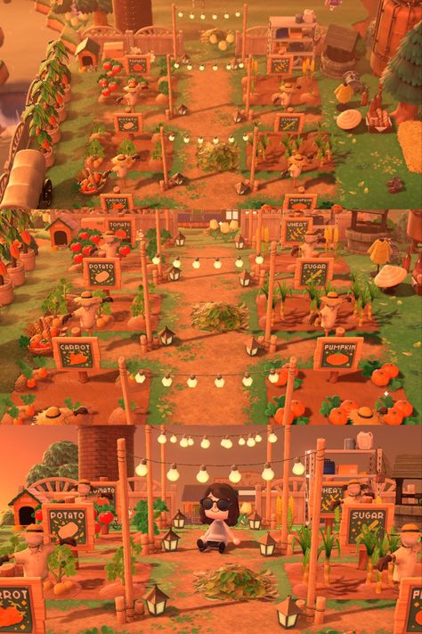 Animal Crossing New Horizons ACNH Farm Acnh Fruit Tree Garden, Animal Crossing Fruit Orchard Layout, Animal Crossing Produce Garden, Community Garden Animal Crossing, Acnh Vegetable Garden Ideas, Acnh Produce Garden, Animal Crossing Fruit Garden, Community Garden Acnh, Animal Crossing Fruit Orchard