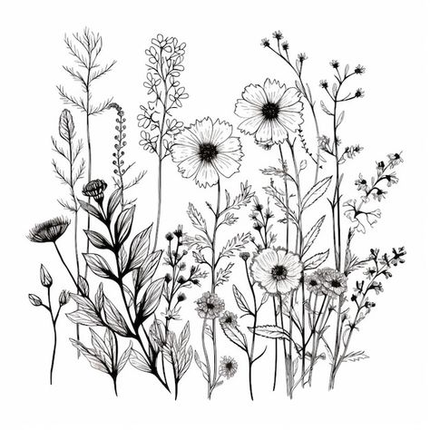 Field Of Flowers Tattoo, Wild Flowers Drawing Sketch, Wildflower Leg Tattoo, Wildflower Garden Bed, Plant Garden Design, Wildflowers Drawing, Rockabilly Tattoos, Garden Wildflowers, Wildflowers Garden