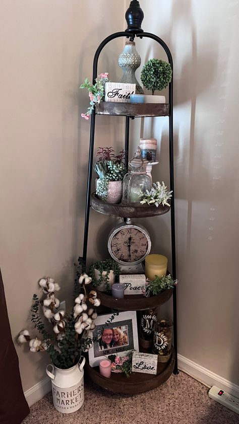 How To Decorate A 5 Tier Corner Shelf, Shelf Decor Living Room Farmhouse, Decorating Corner Shelves, Hobby Lobby Shelf Decor, Basket Tower, Living Room Farmhouse Style, Corner Shelf Decor, Hobby Lobby Shelf, Hobby Lobby Fall