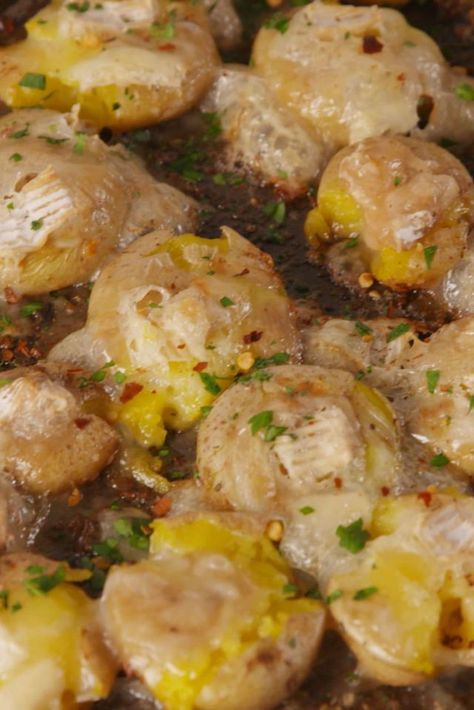 Brie Smashed Potatoes Vertical Potatoes Smashed, Smashed Potatoes Recipe, Brie Recipes, Crock Pot Recipes, Baked Garlic, Smashed Potatoes, On The Grill, The Grill, Potato Recipes