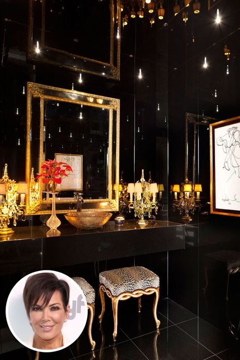 Kris Jenner's Bathroom  - ELLE.com Sconces Mirror, Celebrity Bathrooms, Black And Gold Bathroom, Dark Bathrooms, Powder Rooms, Gold Bathroom, Bathroom Design Luxury, Donatella Versace, Dream Bathrooms