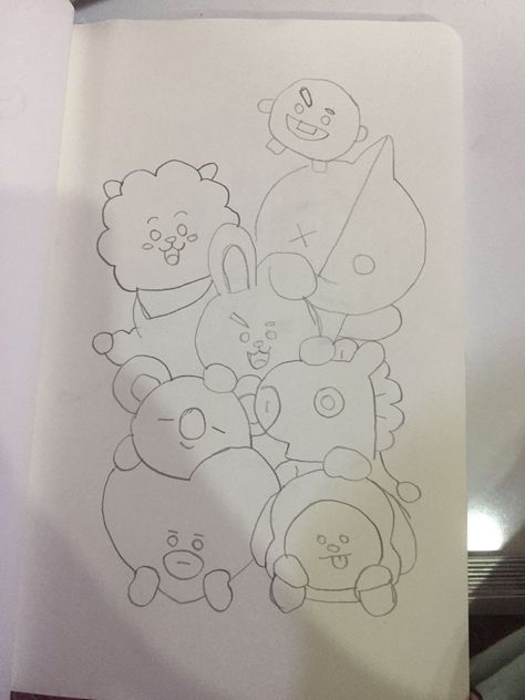 Bt21 Pencil Drawing, Bt21 Sketch Easy, Bts21 Drawing, Jimin Line Art Simple, Easy Bt21 Drawings, Bt21 Drawing Ideas, Bt21 Line Art, Bt21 Easy Drawing, Drawing Ideas Kpop Easy