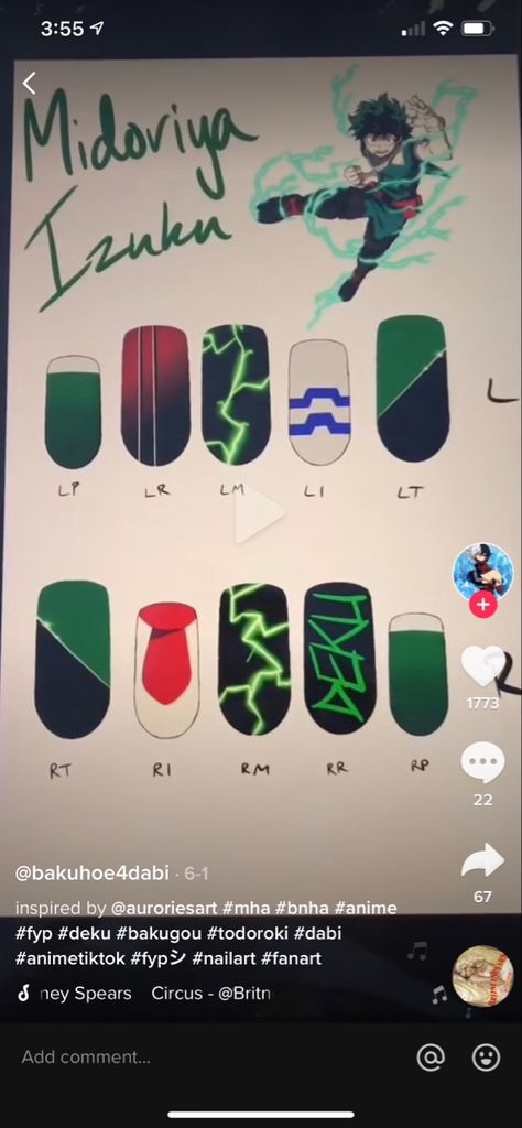 Deku Nails Art, My Hero Academia Nails Acrylic, Tokyo Ghoul Nails Designs, Mha Nail Designs, Deku Nails, My Hero Academia Nails, Mha Nails, Anime Themed Nails, Academia Nails