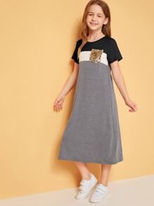 Girls Sequin Pocket Patched Colorblock Dress 9.60 USD Long Tunic Dress, Girls Dresses Online, Girls Stripes, Long Tunic, Girls Fashion Clothes, Tee Dress, Pop Fashion, Kids' Dresses