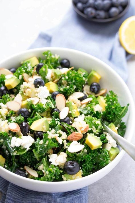 This Kale Superfood Salad with Quinoa and Blueberries is loaded with super foods! This healthy salad is make ahead friendly for quick lunches. Goat cheese, avocado, and a honey lemon dressing bring lots of flavor to this gluten free power salad! kristineskitchenblog.com Blueberry Salad Recipes, Salad With Blueberries, Salad With Quinoa, Salad Kale, Salad Recipes Lunch, Quinoa Kale, Kale Quinoa, Kale Quinoa Salad, Blueberry Salad