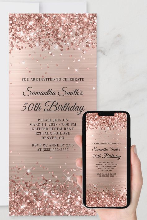 A glamorous 50th birthday invitation for her for print or digital download. Faux sparkly rose gold glitter with sparkles against a coordinating faux rose gold and blush brushed metal foil graphic image. Rose Gold 50th Birthday Party, 40th Bday Ideas, 50th Birthday Invitation, Rose Gold Backgrounds, Rose Gold Theme, 50th Birthday Party Invitations, Rose Gold Invitations, 50th Birthday Invitations, Wedding Planning Timeline