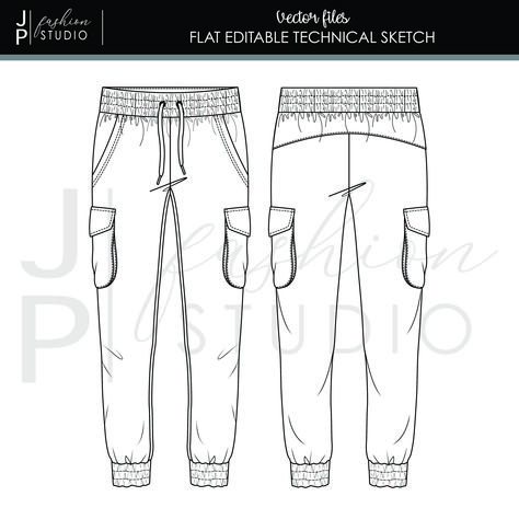 Cargo Pants Flat Sketch, Cargo Pants Technical Drawing, Cargo Pants Sketch, Clothes Silhouette, Flat Sketches Fashion, Panther Pictures, Fashion Flat Sketch, Jogging Pants Black, Sketches Fashion