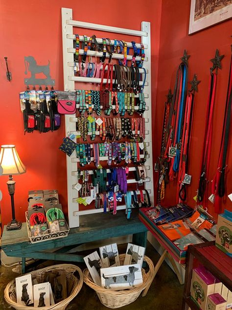 14 Inspirations for Your Collar and Leash Displays | PETSPLUSMAG.COM Dog Collar Display, Collar Display, Pet Store Ideas, Ladder Display, Cat Safe Plants, Dog Organization, Shower Rods, Market Display, Dog Enrichment