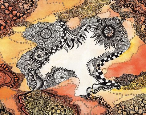 Zentangle Watercolor, Watercolor Zentangle, Doodle Paint, Ink Doodles, Orange Watercolor, Yellow Watercolor, Zentangle Artwork, Abstract Watercolor Art, Everyday Art