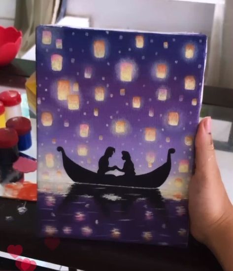 [𝑺𝒂𝒗𝒆 & 𝑭𝒐𝒍𝒍𝒐𝒘]~♡´･ᴗ･`♡ Rapunzel Boat Scene Drawing, Tangled Floating Lanterns Painting, Tangled Paintings Easy, Rapunzel Lanterns Drawing, Rapunzel Flower Painting, Tangled Boat Scene Painting, Tangled Inspired Painting, Rapunzel Lanterns Painting, Rapunzel Painting Ideas