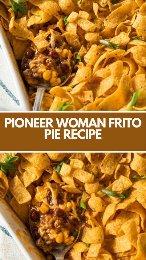 Pioneer Woman Frito Pie is made with ground beef, onion, Ranch Style beans, Frito corn chips, enchilada sauce, and cheddar cheese. With a total cook time of 35 minutes, it serves 8 people. Crockpot Frito Pie, Pioneer Woman Desserts, Ranch Style Beans, Pioneer Kitchen, Frito Recipe, Frito Pie Recipe, Simple Dinners, Frito Pie, Pioneer Woman Recipes