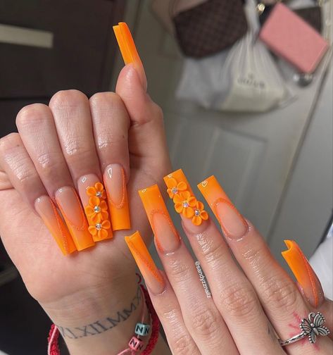 Orange And Green Acrylic Nails, Orange And Green Nails, Summer Orange Nails, Feminine Devine, Orange Manicure, Blossom Photoshoot, Fierce Nails, Orange Acrylic Nails, Green Acrylic Nails