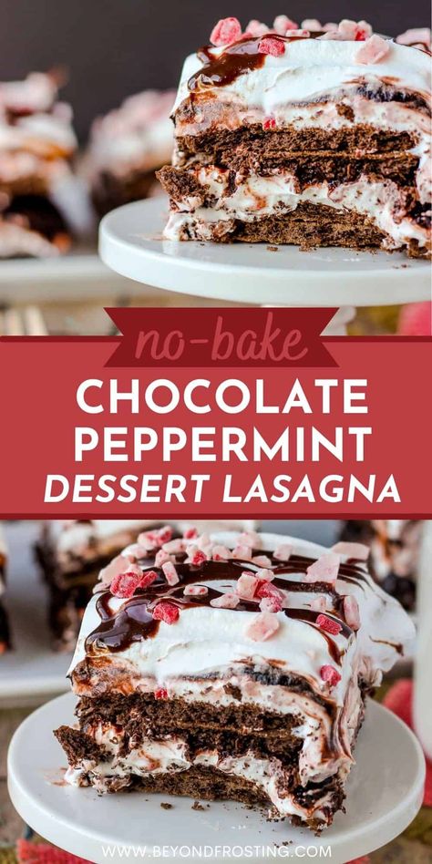 No-Bake Chocolate Peppermint Lasagna is a rich, chocolaty dessert with layers of peppermint cream cheese filling and topped with cool whip. Baileys Peppermint Chocolate Lasagna, Peppermint Delight Dessert, Chocolate Peppermint Lasagna, Peppermint Lasagna Dessert, Hot Chocolate Lasagna Dessert, Christmas Cookie Lasagna, Chocolate Peppermint Desserts, Christmas Lasagna Dessert, Dessert Lasagnas