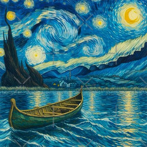 Canoe on a Lake Under a Starry Night - Van Gogh Style Digital Art by Star-Fragment | Redbubble Star Night Van Gogh, Van Gogh Art Style, Van Gogh Style Painting, Star Fragment, Van Gogh Tattoo, Van Gogh Landscapes, Van Gogh Style, Disney Canvas, Starry Night Painting