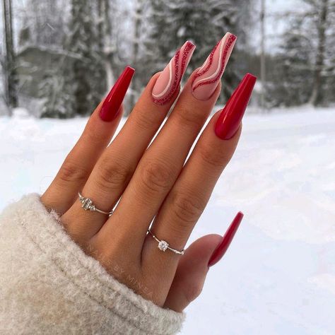 Red Coffin Nails, Red Coffin, Red Ombre Nails, Long Red Nails, Red And White Nails, Red Christmas Nails, Red Acrylic Nails, Nude Nail Designs, Winter Nails Acrylic