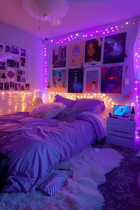 Room For Girls Aesthetic, Purple Light Bedroom, My Dream Room Ideas, Room Decor Bedroom Purple, Twin Size Bed Ideas For Small Room, Room Girls Ideas, Aesthetic Bedrooms For Teens, Room Design Bedroom Aesthetic, Vibey Apartment Bedroom