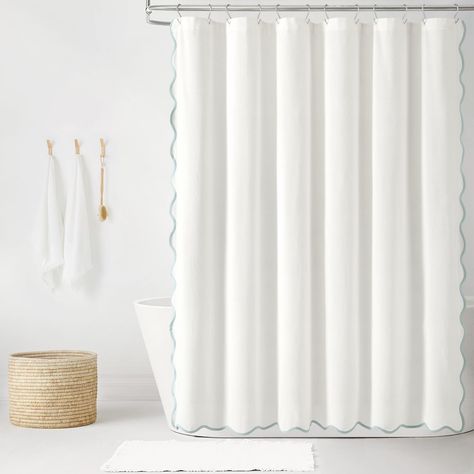 PRICES MAY VARY. 52% Polyester, 37% Cotton, 8% Viscose, 3% Nylon Exclusive of Decoration Chic Decor: Bring a blend of seaside charm and style to your space with this Coastal Chic Scallop Edge Shower Curtain. The scalloped edge design is reminiscent of rolling waves along the shoreline, infusing your bathroom with a tranquil coastal ambiance. Coastal Charm: This shower curtain features a solid white color with a light blue binding on the scallop edge. Create a serene, resort-like feel with this e Coastal Shower Curtain, Elegant Shower Curtains, Neutral Curtains, Shower Curtain Sizes, Gray Trim, Lush Decor, Coastal Colors, Scallop Edge, Shower Liner