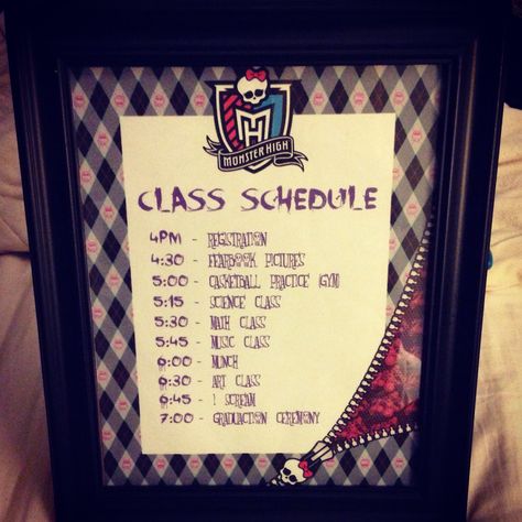 Kayla's Monster High B-Day: Decor, Class Schedule Sign Monster High School Schedule, Monster High Shifting Script, Monster High Shifting, High School Schedule, Rally Idea, Monster High Birthday Party, Monster High School, Sketch Reference, Nostalgic Pictures