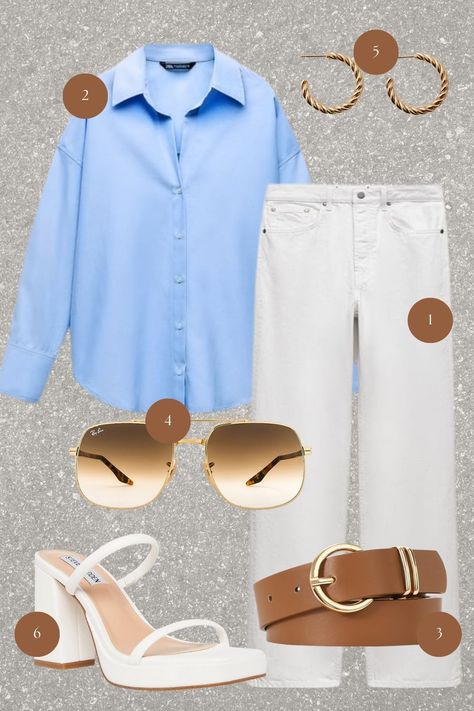 Embrace the sun-drenched days of summer with a breezy collection that’s as light as the season’s carefree spirit. A soft, sky-blue shirt whispers of clear skies, paired with crisp white trousers for a look that’s both refreshing and refined. Gold-toned sunglasses reflect the golden hour’s glow, while twisted hoop earrings add a touch of playful elegance. A tan belt cinches the ensemble together, offering a warm contrast that grounds the outfit. Sky Blue Shirt Women Outfit, Sky Blue Top Outfit, Light Blue Blouse Outfit, Blue Blouse Outfit, Airy Styles, Blue Top Outfit, Blue Summer Outfits, Grey Puffer Jacket, Blue Shirt Women