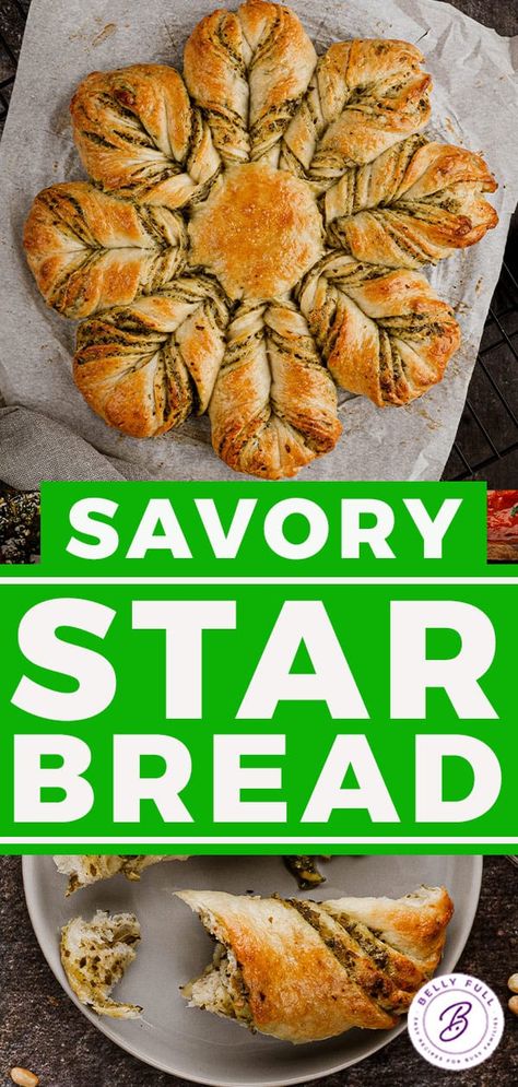 This Pesto Parmesan Star Bread is so gorgeous, and surprisingly simple to make! The bread bakes up soft and tender, with flaky layers of savory bread and cheesy pesto filling, with optional marinara for dipping. It’s guaranteed to be the “star'' at your next party, perfect for holiday entertaining or any special occasion! Pesto Star Bread, Savory Breads Ideas, Tear And Share Bread, Make Ahead Brunch Recipes, Star Bread, Healthy And Unhealthy Food, Favorite Christmas Recipes, Christmas Bread, Favorite Recipes Chicken