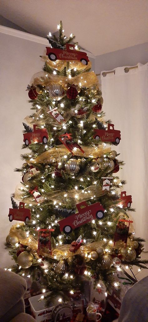 Truck Theme Christmas Tree, Christmas Tree Red Truck Theme, Farm Truck Christmas Tree, Little Red Truck Christmas Tree, Red Truck Christmas Tree Theme, Portland Christmas, Doorway Ideas, Sleigh Ornaments, Red Truck Christmas Tree