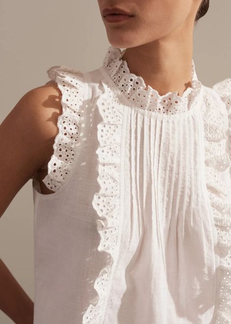 Cotton-Blend Broderie Halterneck Swing Top Soft White Ss24 Fashion, Vest Layering, Sew Your Own Clothes, Fashion Me, Frill Tops, Ruffle Crop Top, Designer Tops, Floral Print Blouses, Mode Inspiration