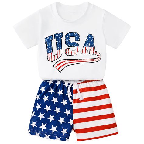 PRICES MAY VARY. Material: 4th of july toddler boy outfits made of cotton blend, comfortable and breathable, harmless to baby’s skin, provide wonderful flexibility and hand feeling. Design: American flag red stripe blue white stars USA printed, short sleeve t-shirt and summer shorts set. Cute Fashion little boys summer clothes is a great 4th of july outfits gift for toddler baby photography. Size: 2 pcs toddler boy stylish outfits, Baggy t-shirts short sleeve top and elastic waist shorts. Indepe Outfits Short Sleeve, Toddler Baby Boy, Baggy T-shirt, Outfits Baggy, July Outfits, Boys Summer, Boys Summer Outfits, 4th Of July Outfits, White Stars