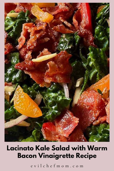 Lacinato Kale Salad with Warm Bacon Vinaigrette Recipe Warm Kale Salad, Kale Salad Recipes, Salad Sauce, Hearty Salads, Food Substitutions, Kale Recipes, Deviled Eggs Recipe, Large Salad Bowl, Vinaigrette Recipes