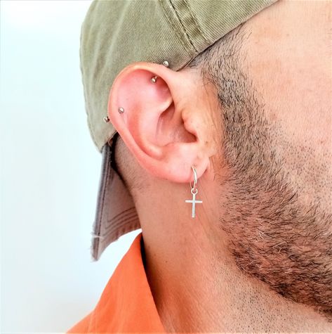 Dangling Cross Earrings Men, Photo Hoop, Black Hoops Earrings, Earrings Dangling, Earring Stand, Earring Ideas, Earring Gift, Men Earrings, Cross Earrings