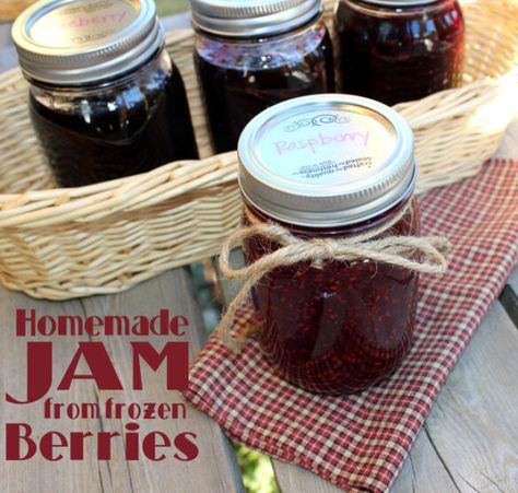 Homemade Raspberry Jam from frozen berries Raspberry Jam From Frozen Raspberries, Frozen Berry Jam, Jam From Frozen Berries, Frozen Berry Recipes, Grape Jam Recipe, Homemade Raspberry Jam, Raspberry Jam Recipe, Preserving Foods, Grape Jam