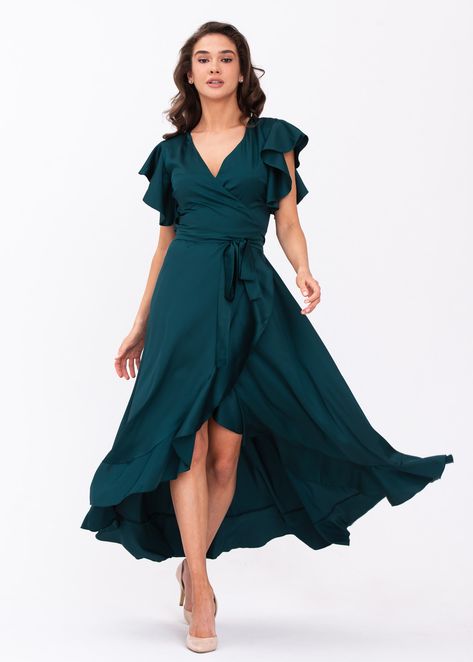 Dark Teal Dress, Teal Party, Teal Bridesmaid, Silk Bridesmaid Dresses, Girl Green Dress, Wrap Dress Bridesmaid, Green Wrap Dress, Evening Dress Long, Green Silk Dresses