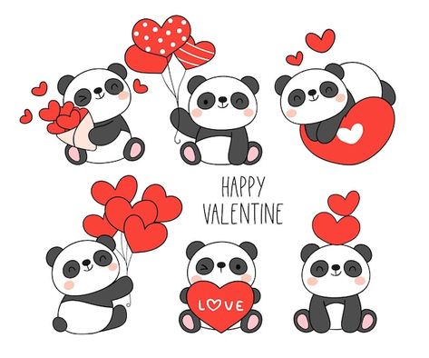 Panda Valentines, Cute Panda Drawing, Valentine Drawing, Valentine Cartoon, Valentines Day Cards Handmade, Vector Illustration Character, Valentine's Day Illustration, Valentines Day Drawing, Draw Vector