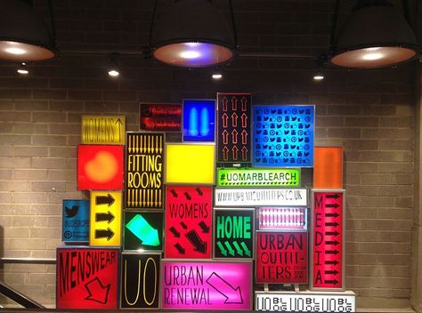 It's my character on Pinterest | Marquee Letters, Marquee Lights ... Urban Outfitters Lights, Neon Box, Graphic Design Agency, Exhibition Display, Wayfinding Signage, Installation Design, Visual Display, Environmental Graphics, Signage Design