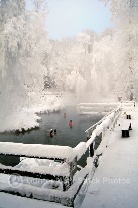 People soaking in Snow Covered Liard Hot Springs in Liard River Hot Springs Provincial Park, Northern British Columbia, Canada, in Winter Canada In Winter, Canada Winter, Alaska Highway, Travel Photography Europe, Natural Pond, Travel Canada, Canada Destinations, British Columbia Canada, North America Travel