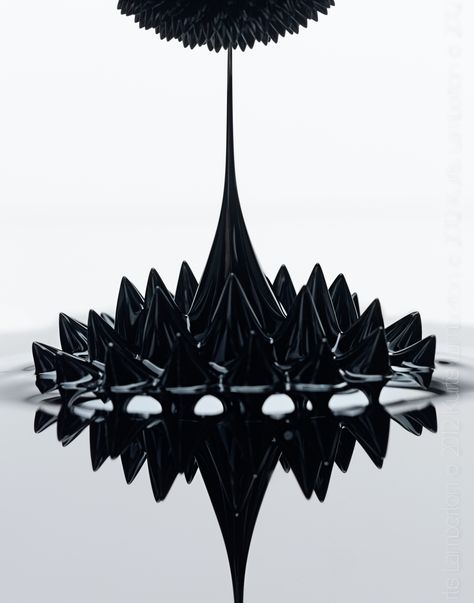 Ferrofluid: magnetic influence made visible.    Ferrofluids are liquids which magnetise strongly when exposed to magnetic feilds. Large ferromagnetic particles can be ripped out of the homogeneous colloidal mixture (the liquid), forming a separate clump of magnetic dust when exposed to strong magnetic fields. Ferrofluid Art, Ferro Fluid, Magnetic Liquid, Fractal Design, Science Museum, Web Graphic Design, Magnetic Field, Science Art, Science And Nature