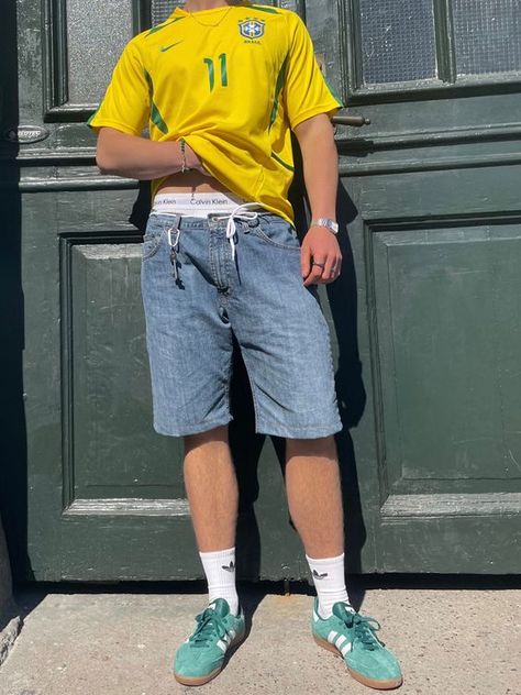 Brazil Bloke Core, Guy Jorts Outfit, Brazil Soccer Jersey Outfit, Brazil Tshirt Outfits, Summer Jorts Fits, Brazil Shirt Outfit Men, Brazil Outfit Men, Soccer Kit Outfit, Brazil Jersey Outfit Men