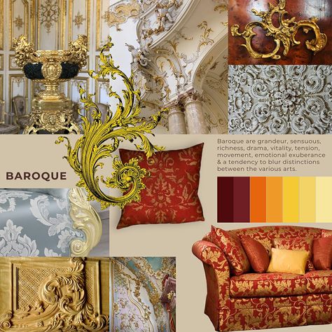 Mood Board inspired by the Baroque theme, is grandeur, sensous, rich, dramatic, emotionally exuberant & has a tendency to blur distinctions between various arts. Baroque Color Scheme, Baroque Style Furniture, Baroque Style Interior, Baroque Mood Board, Baroque Fashion Modern, Baroque Art Design, Baroque Aesthetic Fashion, Baroque Makeup, Classicism Art