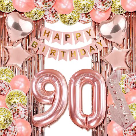 PRICES MAY VARY. Celebrate Her Milestone 90th Birthday in Style: Our exclusive collection of 90th birthday decorations for women is perfect for making her special day unforgettable. From elegant "Happy 90th Birthday" banners to stunning "90" number balloons, our decorations are designed to create a memorable and glamorous celebration. Complete Decoration Set for an Unforgettable Party: This all-in-one set includes everything you need for a fabulous 90 birthday decorations for women. Featuring a 90th Birthday Ideas Woman, 90 Birthday Decorations, 90 Year Old Birthday Party Ideas, 90th Birthday Party Ideas For Grandma, 90th Birthday Party Ideas, 90th Birthday Banner, 80th Birthday Banner, 90th Birthday Party Decorations, 90 Birthday