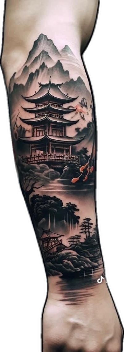 Japanese Temple Forearm Tattoo, Japanese Waterfall Tattoo Design, Japanese Temple Sleeve Tattoos, Japanese Temple Back Tattoo, Japanese Temple And Samurai Tattoo, Traditional Japanese Temple Tattoo, Stomach Tattoos Men, Japanese Temple Tattoo, Tattoo Espalda