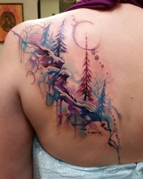 Watercolor Mountains Tattoo, Tattoo Watercolor, Landscape Tattoo, Watercolor Tattoos, Geniale Tattoos, Disney Tattoo, Mountain Tattoo, Tattoo Cover, Watercolor Mountains