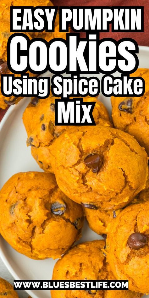 A stack of pumpkin cake mix cookies. Spice Cake Pumpkin, Spice Cake Mix Cookies, Pumpkin Spice Cake Mix, Easy Pumpkin Spice Cake, Spice Cake Mix Recipes, Cookies With Pumpkin, Pumpkin Cake Mix Cookies, Pumpkin Spice Cookie Recipe, Pumpkin Cookies Easy