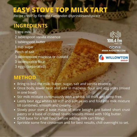 Easy Milk Tart Recipe, Milk Tart Recipe, Milktart Recipe, Pudding Recipes Homemade, Easy Tart Recipes, Fancy Desserts Recipes, Milk Tart, Homemade Cookbook, Homemade Sauce Recipes