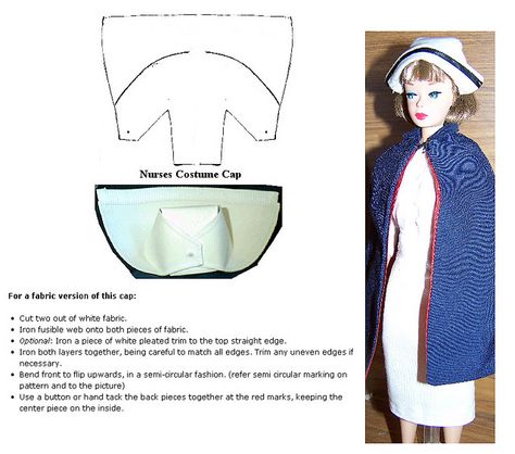 Barbie nurse cap instructions - I pinned this from Pinterest, so I hope it is okay to share and isn't copyrighted. Miniature Medical, Barbie Hat, Vintage Nurse, Barbie Wedding Dress, Barbie Sewing Patterns, Nurse Hat, Barbie Doll Clothing Patterns, Nursing Cap, Dolls Clothes Diy