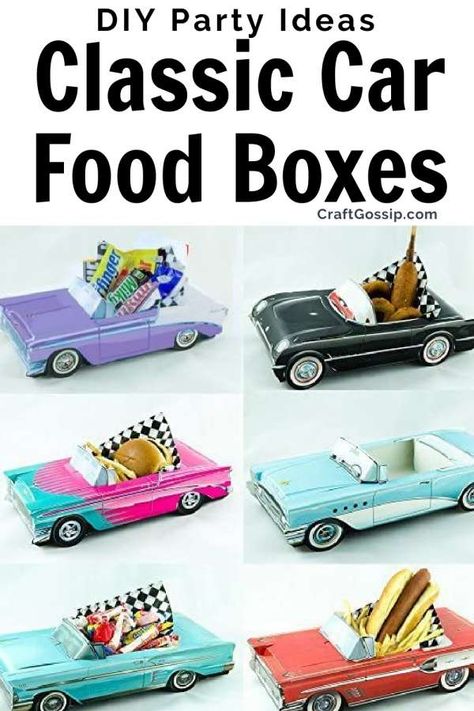 12 Classic Car Party Food Boxes – GM Collection – Party Ideas Old School Car Birthday Party, Vintage Car Party Ideas, Classic Car Decorations Party, Classic Car Party Ideas, Volkswagen Party Ideas, Chevy Truck Birthday Party Ideas, Classic Car Party Decorations, Classic Car 60th Birthday Party, Classic Cars Party