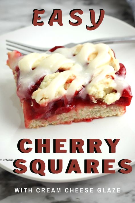 Make these Cherry Squares topped with a homemade cream cheese glaze for a great dessert or snack. This easy Cherry Square recipe uses canned cherry pie filling. #CherrySquares #CreamCheeseGlaze #CherrySquareRecipe #CherryPieFillingSquares Cherry Pie Filling Recipes Easy, Cherry Squares, Canned Cherry Pie Filling, Canned Cherry Pie, Cherry Pie Filling Recipes, Cherry Recipes Dessert, Fruit Sweets, Cherry Pie Bars, Cherry Bars